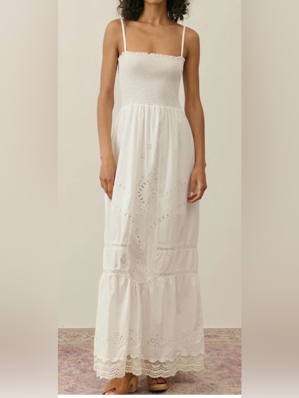 Louise Misha Off White Eyelet Maxi Dress with Smocked Bodice - Women